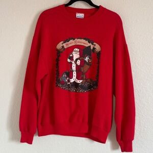 Vintage 90s Large Christmas Santa Sweatshirt Red‎ Primitive Rustic Country Cozy